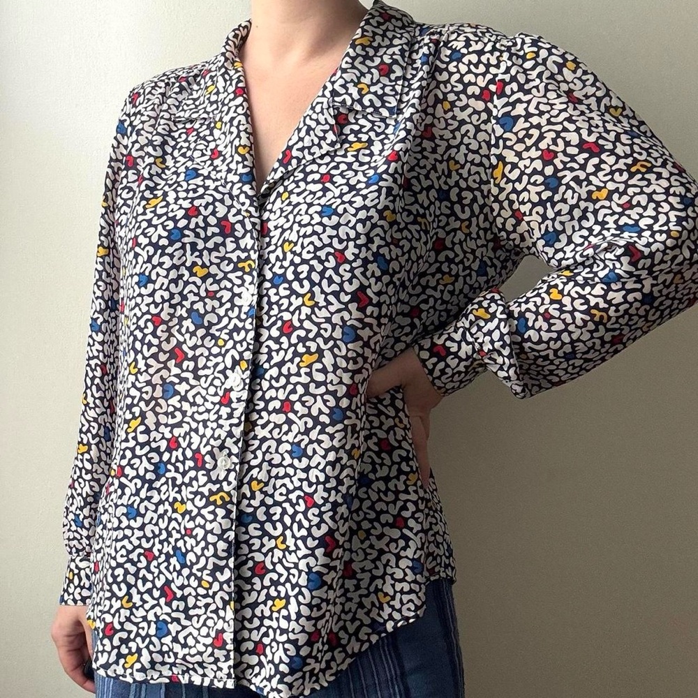Vintage Worthington primary colors abstract print button up blouse